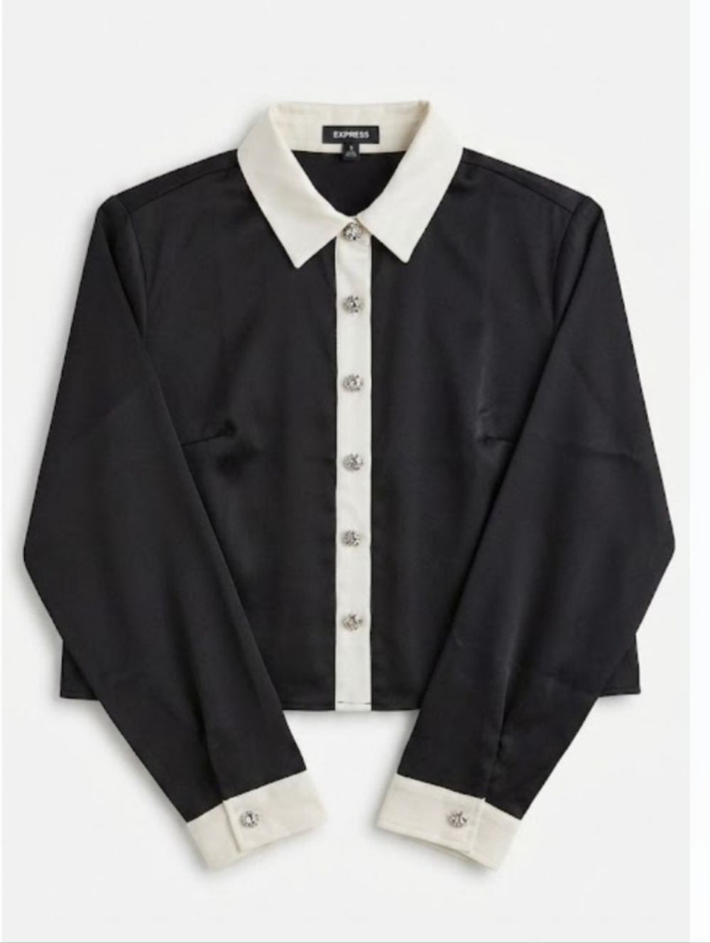 Express Cropped Button Down Shirt Contrast Collar Black White M NWT.